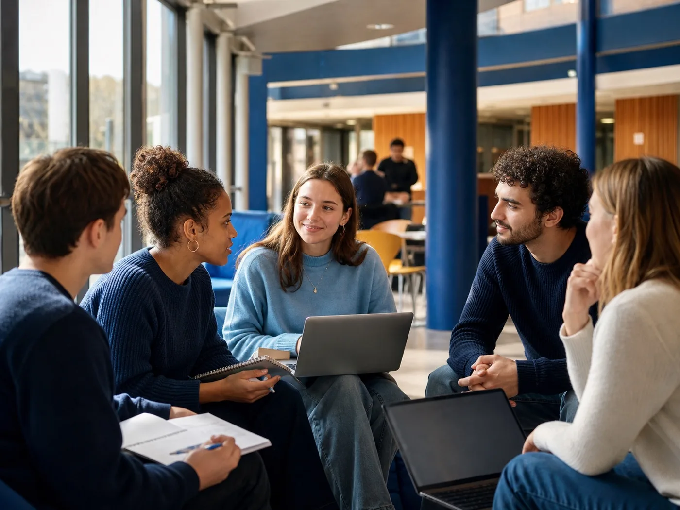 Étudiantes et étudiants échangeant dans un espace de vie du campus