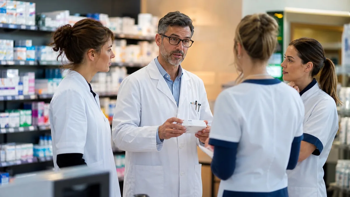Équipe réunie dans une pharmacie