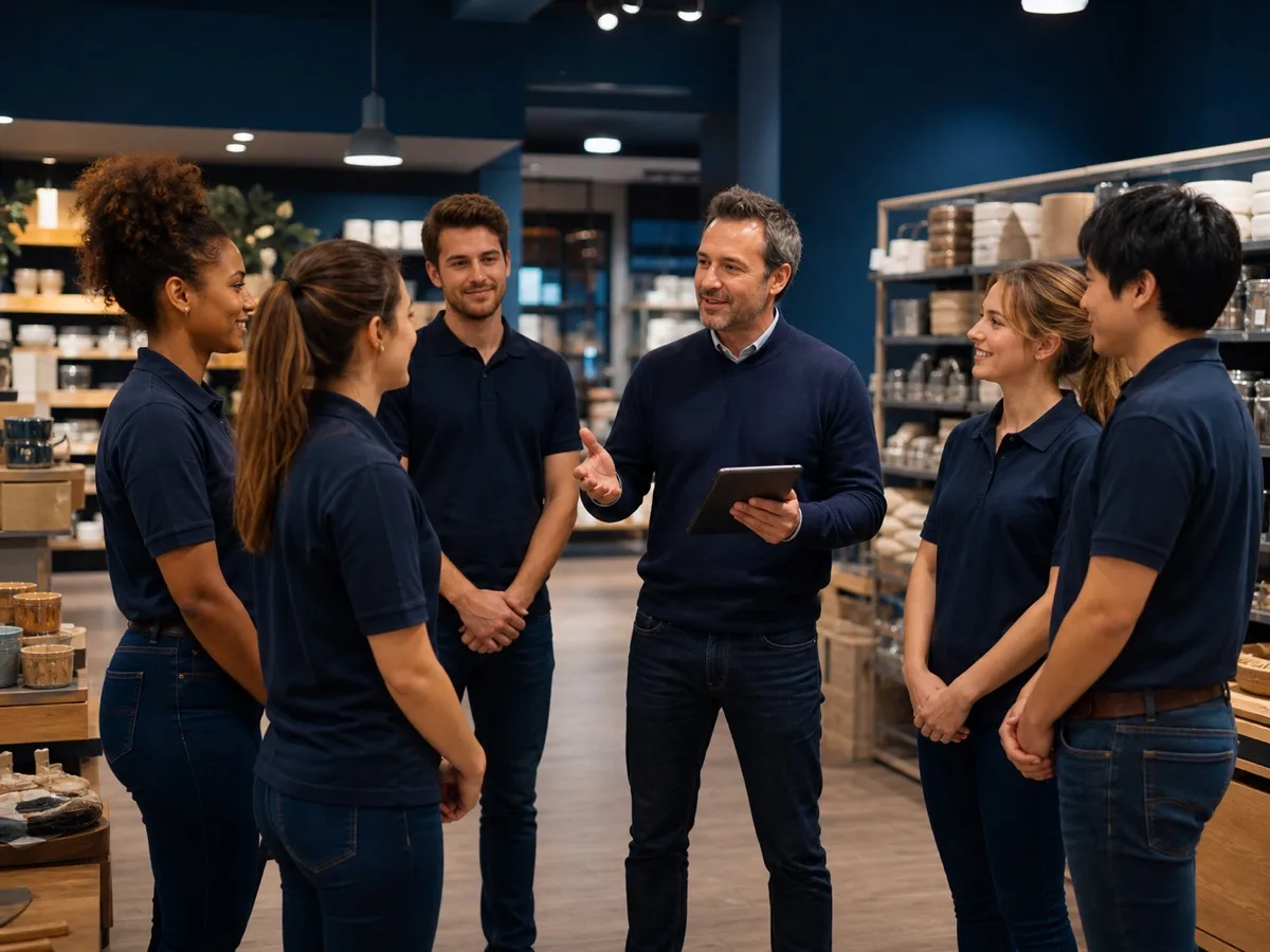 Briefing d'une équipe dans un commerce
